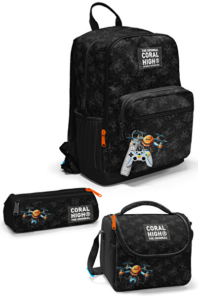 Coral High Siyah Drone Desenli 3 lü Okul Çanta Seti SET0123691