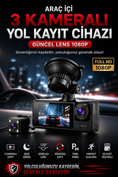 Genel Markalar Araç Içi 3 Kameralı Yol Kayıt Cihazı Güncel Lens 1080P