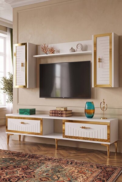 YUMEDİ DESİGN TVR1501BG - KEREM TV ÜNİTESİ TAKIMI 150CM BEYAZ-GOLD