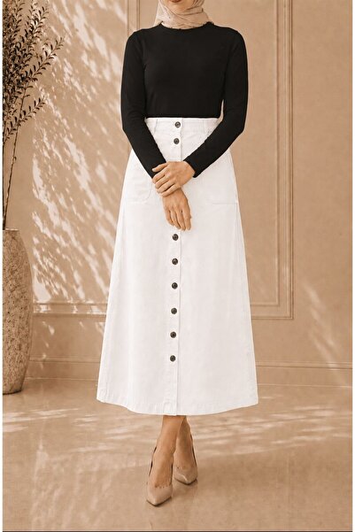 VELLICHOR Full Buttoned Gabardine Skirt White