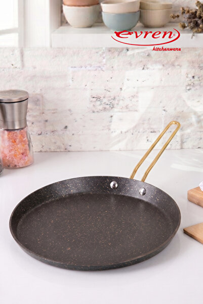 Evren 30 cm Gold Stone Short Edge Crepe Pan, Non-Stick Crepe Omelette Pan (St...