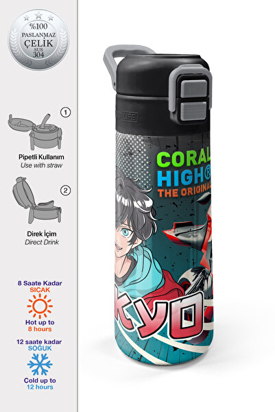 Coral High Kids Gri Nefti Anime Motorsiklet Desenli Pipetli ve Direkt İçim Çe...