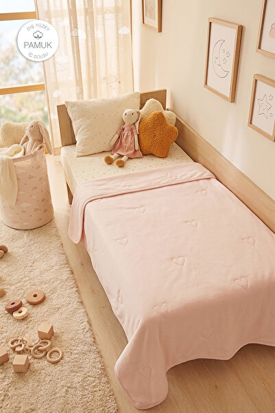 Ocean Home Textile %100 Pamuk Penye Pembe Kalp Nakışlı Bebek Yorgan Çok Amaçl...