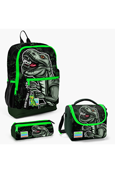 Coral High Kids Koyu Yeşil Siyah Dinazor Desenli 3’lü Okul Çanta Seti SET0123725