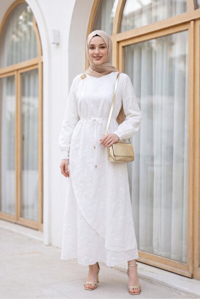 Modamorfo Double Layered Front, Belted, Brooched, Lined Linen Look Dress -White