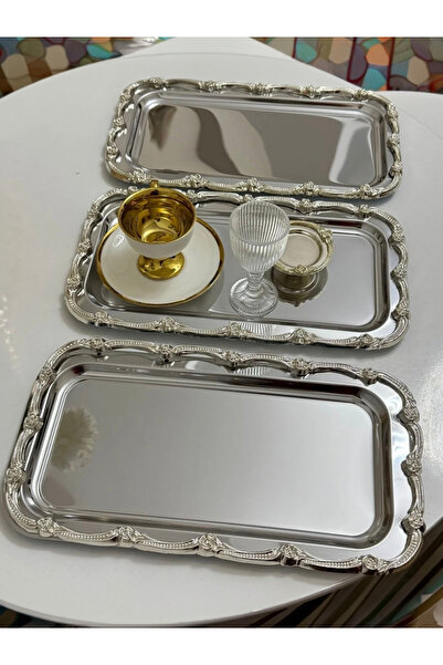 SEVA ÇELİK Stainless Steel 3 Pcs Large Baton Presentation Tray with Silver Frame