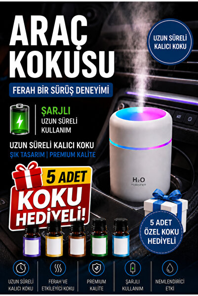 luvroshe Şarjlı +5 Adet Koku Hediyeli Araba Kokusu Hava Nemlendirici Cihaz Ar...