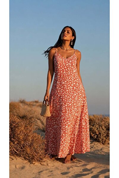Modafeminen Orange Rope Strap Patterned Long Dress 583204