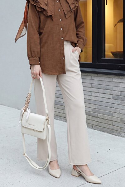Modamorfo Beli Hook and Loop Detail Pipe Leg Fabric Trousers -Beige
