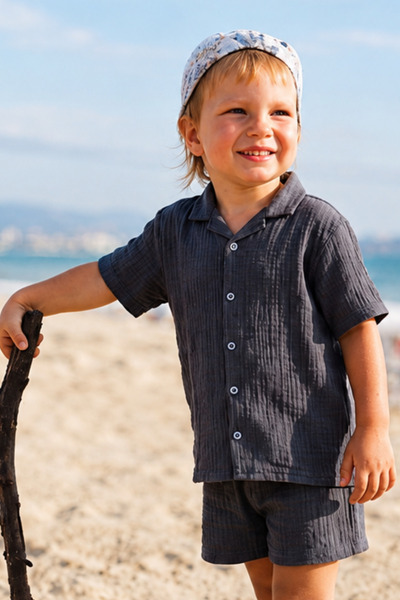 minojoy Boy's Muslin Shirt - Dark Grey Nate