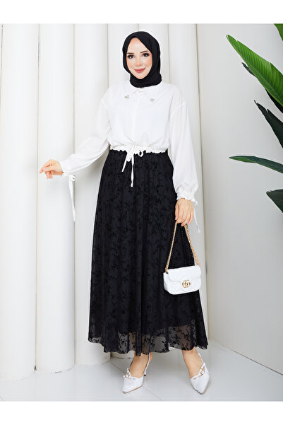 Nevayla Moda Flocked Tulle Floral Patterned Skirt - Black / A0107