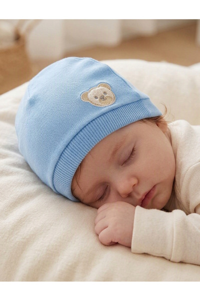 BAMBIK Kayra Baby %100 Pamuk Küçük Ayıcıklı Nakışlı 0-9 Ay Bebek Beresi Şapkası