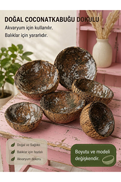 Akvaryum Doğal Dekoratif Hindistan Cevizi Kabuğu Önü Kapalı Yarım Kesik Model...