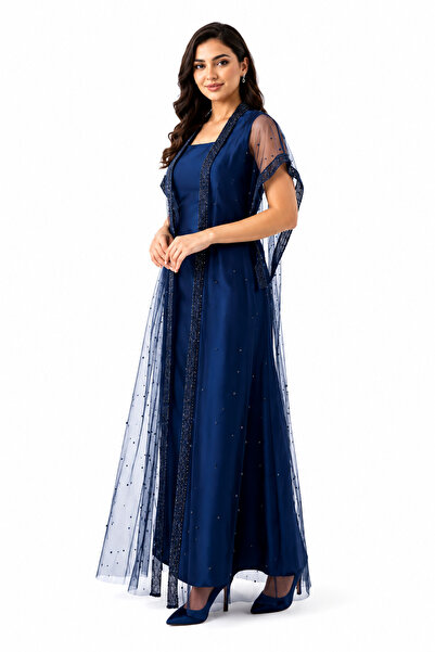 unbranded Women's Navy Blue Embellished Mesh Maxi Evening Dress with Square N...