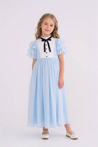 Eray Kids Kolları Fırfırlı Pileli Şifon Uzun Kız Çocuk Abiye Elbise