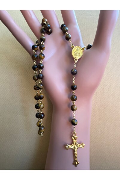 Yada Unique 6 mm Doğal Kaplan Gözü Katolik Hrıstiyan Rosary Tesbih / Haç Kolye