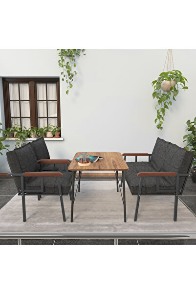Mygusi Modern Balkon, Bahçe, Cafe - Metal Kanepe Koltuk Takımı - 2+1+1 60x90 cm Masalı - Antrasit