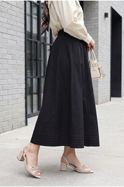 Modamorfo Elastic Waist Pocketed Skirt with Stitching Detail - Black