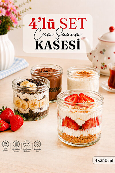 Lizzy 4'lü Cam Tatlı ve Sunum Kasesi Seti – 350 ml Çizgili Cam Magnolia - Tir...