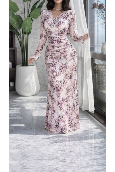 GENBREE Elegant Floral Maxi Dress with Long Sleeves