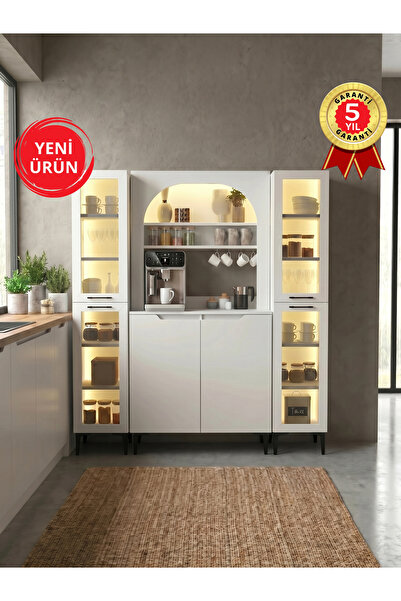 dorpek 6 Kapaklı Led Işıklı Kahve Köşesi, 18 Raflı Çok Amaçlı Dolap, Temperli...
