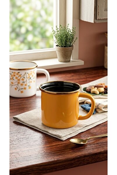 Generic Brand Emaye Hardal Sarı - Cană cu detalii în culoarea cafelei și aurii