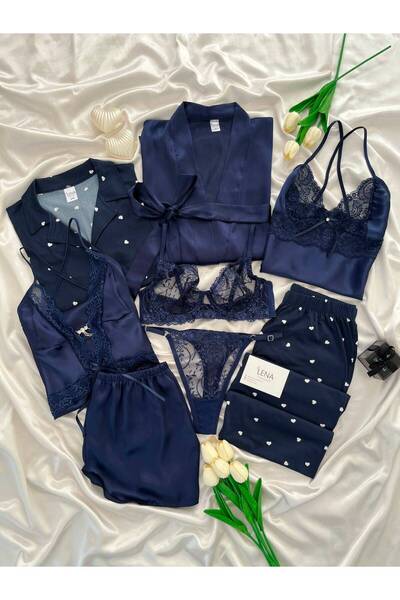 Lena Homewears Lacivert Penta  Kutulu 8 Parça Dev Pijama Saten Gecelik Sabahl...