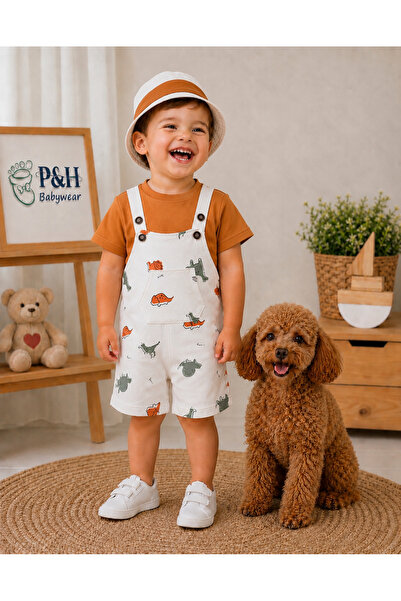 P&H BABYWEAR Baby Boy Dinosaur Patterned 3-Piece Summer Salopet Set with Safa...
