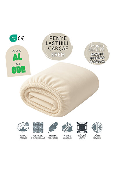 JOYFUL KIDS %100 Pamuk Likralı Lastikli Penye Çarşaf - Krem – 90x190 / 90x200...