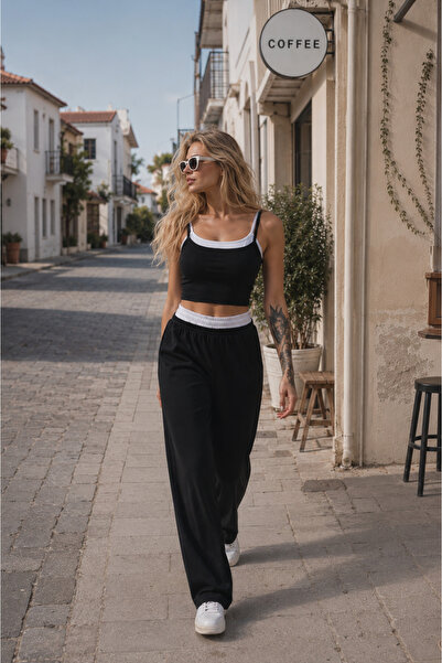 House of Valerio Kadın Oysho Kumaş Siyah Beyaz Birleşik Askılı Crop Bluz Beli...