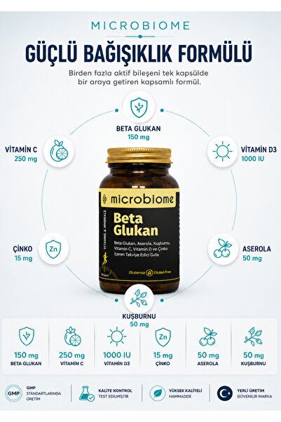 Microbiome Beta Glukan Complex Aserola, Kuşburnu Vitamin C, Vitamin D3 30 Kapsül