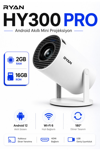 Ryan Technology Akıllı Mini Projektör Ev Sinema Projeksiyon Cihazı 2GB RAM 16...