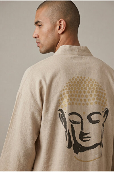 Oriandina Büyük Buddha Baskılı El yapımı Unisex Keten Kimono Kaftan Siyah Gold