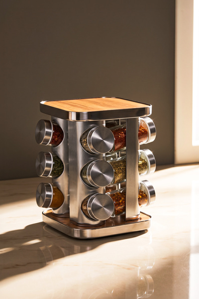Perotti Ahşap Döner Standlı Kare Cam Metal Kapaklı Casa Wood 12`li Standlı Ba...