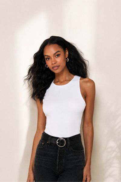 ostende Women's White Zero Sleeve Double Layer Silk Jersey Stylish Bodysuit K...