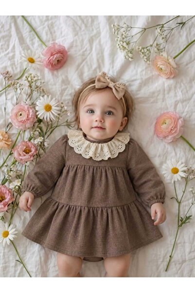 KUENS KuensKids Kız Bebek Dantel Yaka Kahverengi Elbise %100 Pamuk