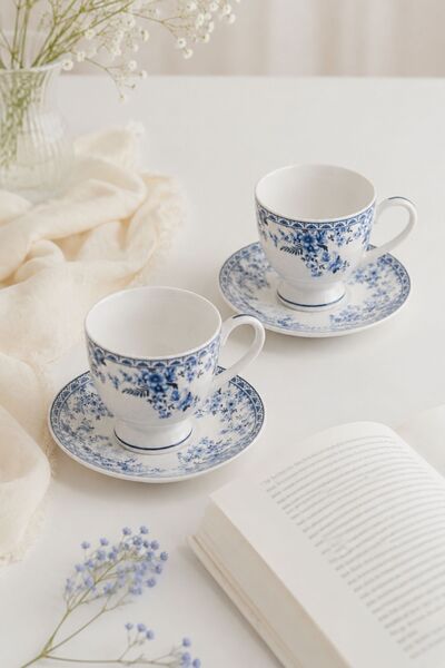 Meturas Nihal 2-Piece Porcelain Coffee Cup Set, 100 Ml, Patterned Cup and Sau...