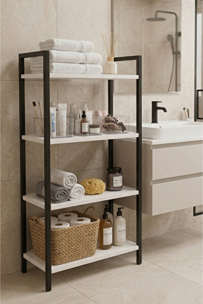 GUİMO 4 Katlı Metal Çerçeveli Beyaz Ahşap Raf – Banyo Düzenleyici Çok Amaçlı ...