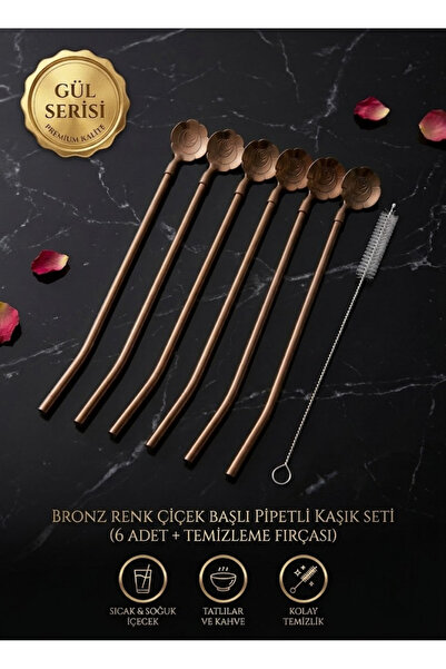 Elista 6-Piece Bronze Latte Spoon with Straw, Cocktail Spoon and Cleaning Bru...