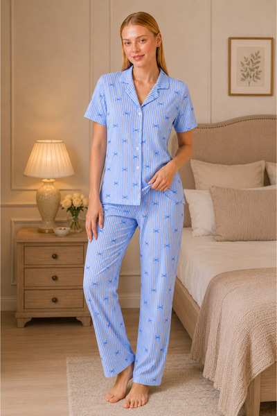 FİT WOMEN Mavi Kurdele Desenli Çizgili Bürümcük Pijama Takımı 4645-Mavi