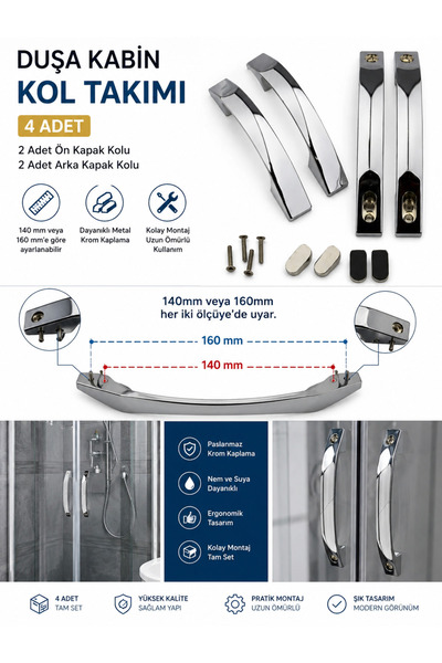 ERCEL Duşakabin Ay Kulp 14-16 cm Ayarlı Krom Duşakabin Cam Kapı Kulpu