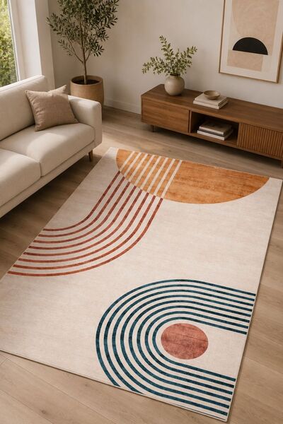 Serente Home Modern Desenli Yıkanabilir Kaymaz Taban Krem Turuncu Mavi Şönil ...