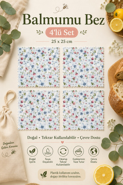 Amore De Fiori 4’lü Balmumu Gıda Saklama Bezi 25x25 cm – %100 Pamuk, Yıkanabi...