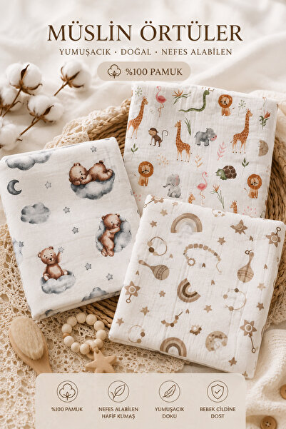 Pico Baby Çok Amaçlı Müslin Örtü /3'lü Set / %100 Pamuk / Oeko-teks Sertifika...
