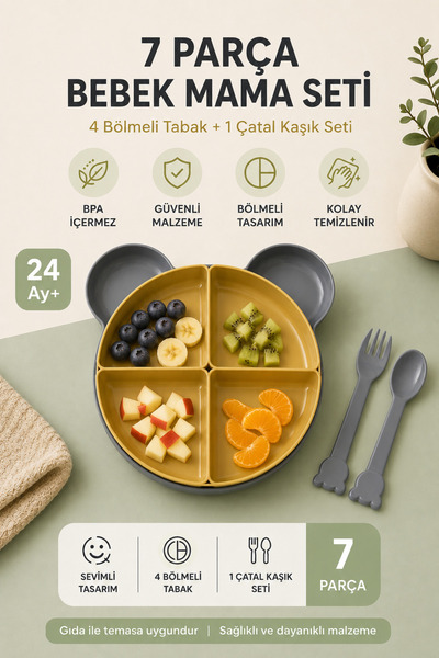 Babyhola 7 Parça Tepsili Yemek Seti Mama Tabağı Gri 6015