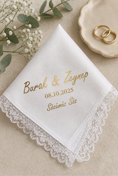 imzatasarım Beyaz Dantel Kenarlı Isme Özel Söz Damat Mendili Peçetesi Gold/gü...
