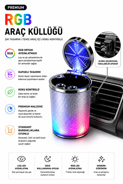 BabuShop RGB Işıklı Kokusuz Araç İçi Küllük Kapaklı Izgaraya Uyumlu Premium