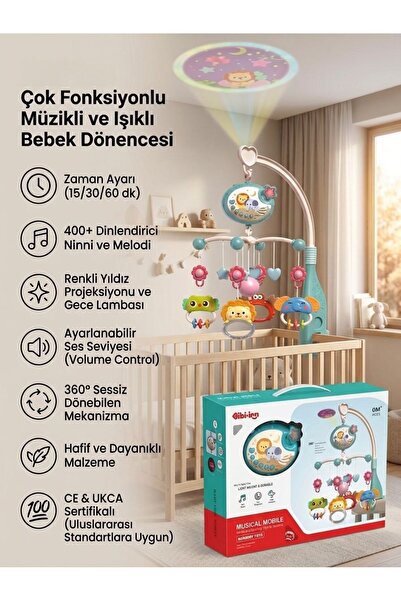 ARAD PRO Projeksiyonlu ve Müzikli Bebek Beşik Dönencesi - 400 Ninnili, Zamanl...