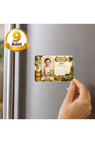 Hediye Baskıcı Safari Temalı 1 Yaş Fotoğraflı Takvimli 9 Adet Buzdolabı Magne...