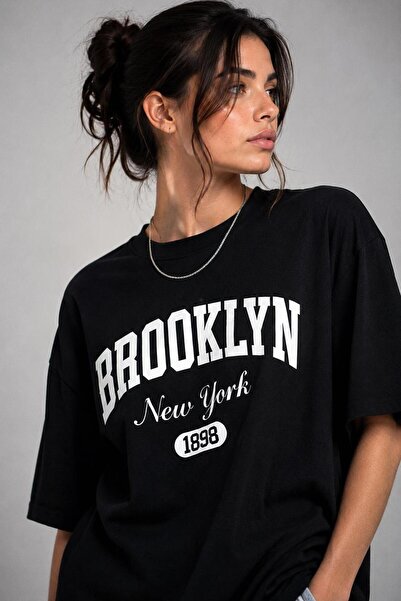 Lizbon Style Kadın Oversize %100 Pamuk Brooklyn Baskılı Rahat Kalıp T-Shirt -...